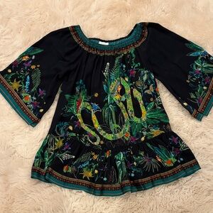 Camilla Black and Teal Floral Patterned Mini Tunic